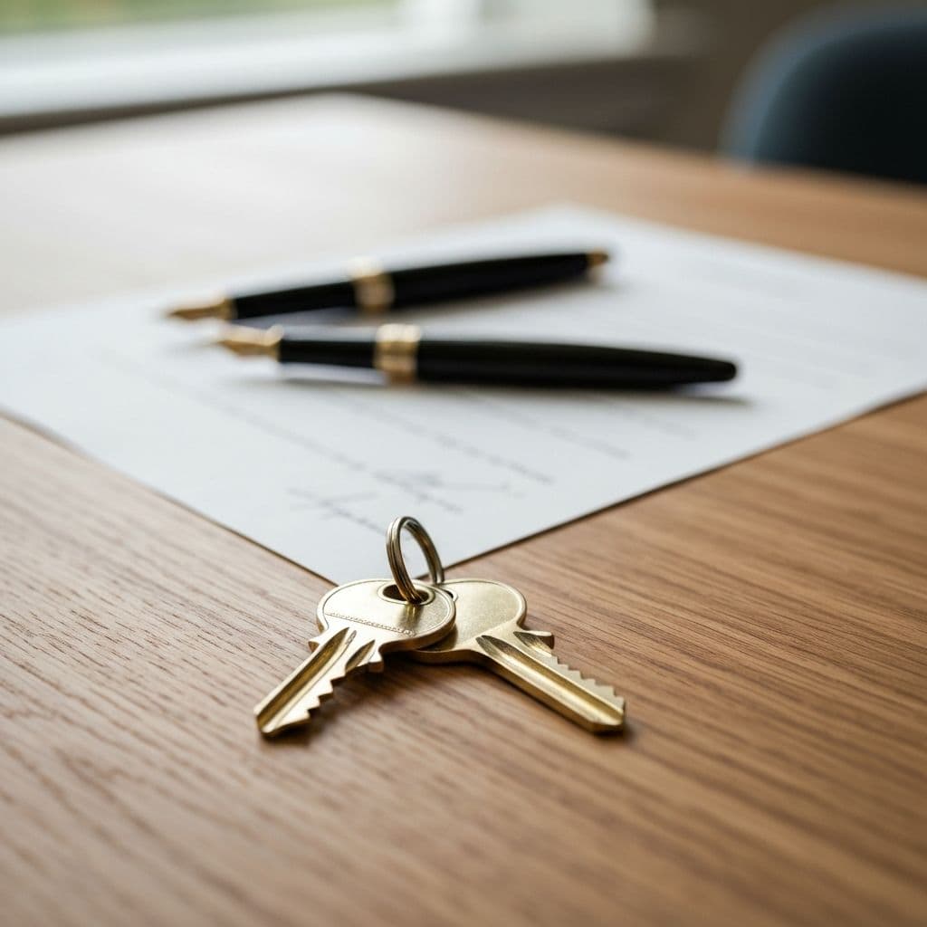 House keys resting on signed closing documents next to fountain pens