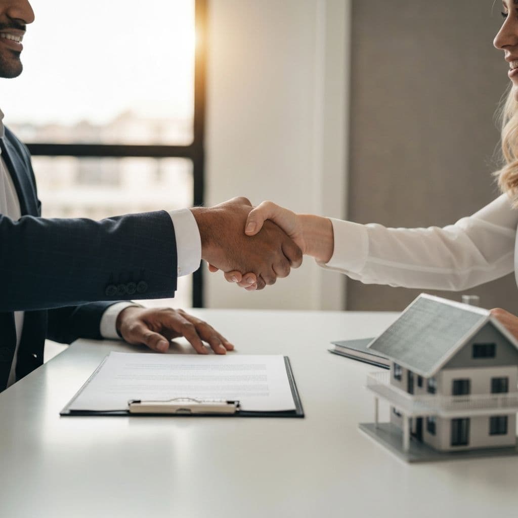 Two people shaking hands over a signed purchase agreement