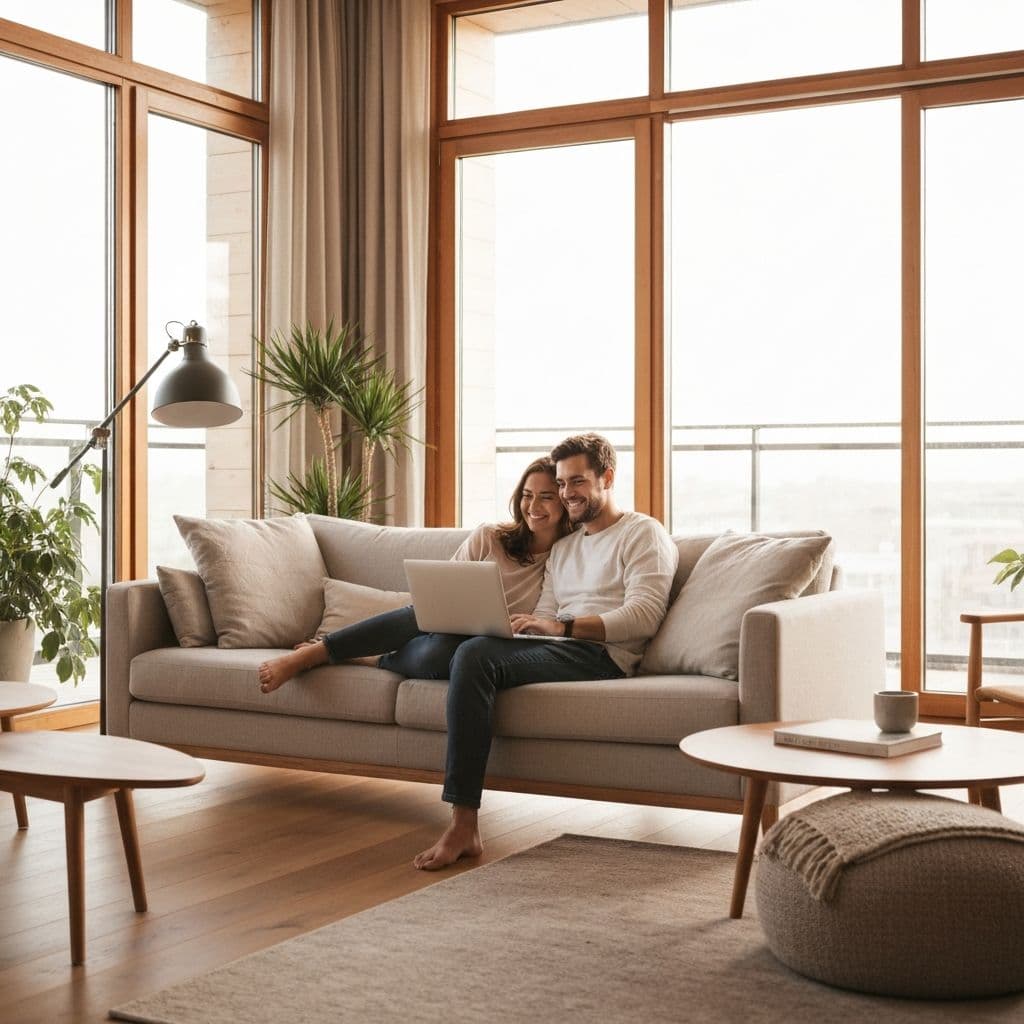 A couple sitting on a couch in a bright, modern living room reviewing home plans together on a laptop