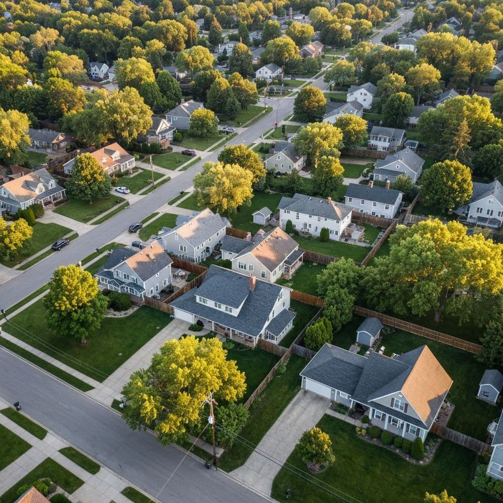 Aerial view of a residential neighborhood with tree-lined streets