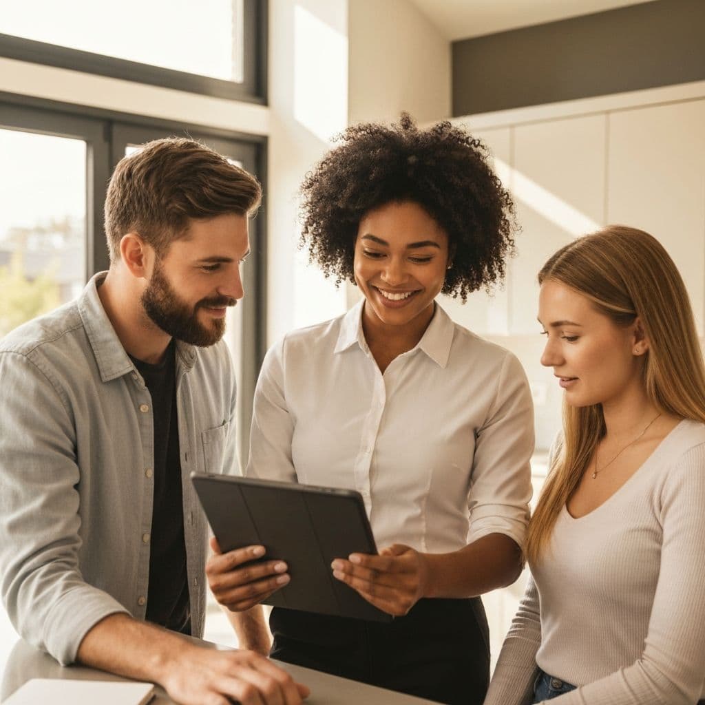 Real estate agent reviewing a contract with clients at a desk